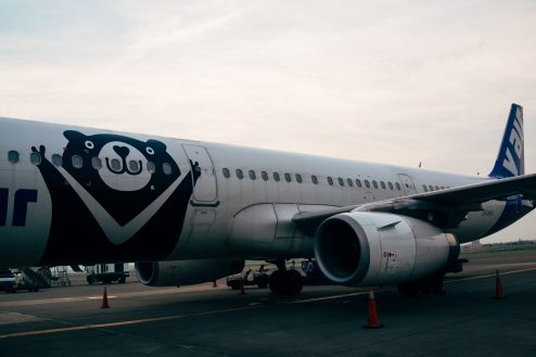 桃園空港では沖についてバスで移動だった